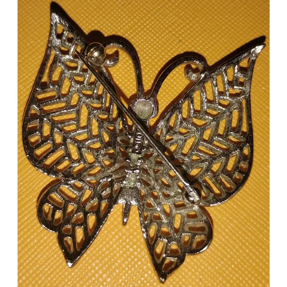 Vintage 1970s Avon Butterfly Brooch Blue Rhinestone Eyes Two Tone 2